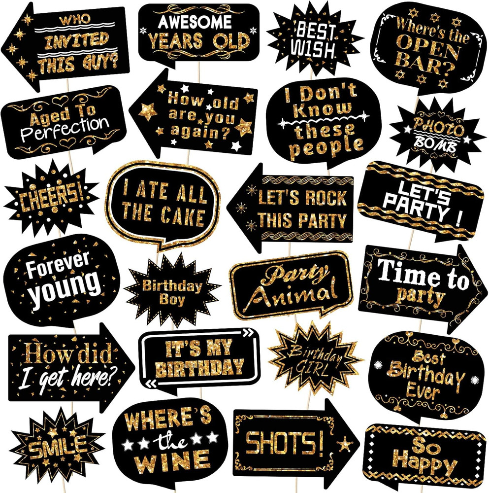 24 Pieces Photo Booth Props Birthday with Stick Happy Birthday Weddings Graduati
