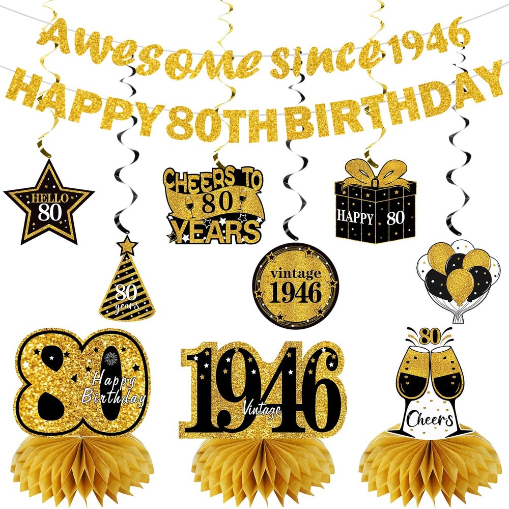 11Pcs 80th Birthday Decorations Kit for Men Women, Black Gold Happy 80th Birt…