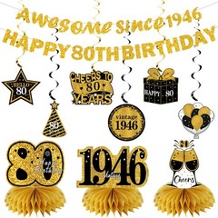11Pcs 80th Birthday Decorations Kit for Men Women, Black Gold Happy 80th Birt…