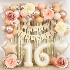 Beige 16Th Birthday Decorations Girls Boys Cream Number 16 Balloon Nude Gold Hap