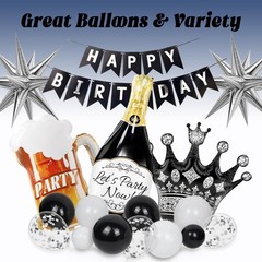 Black and Silver Party Decorations, Black Silver White Foil Balloons Happy Ba…