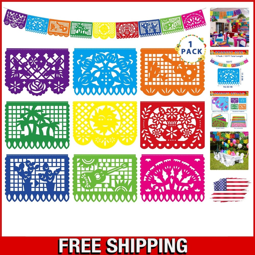 18 FT Cinco De Mayo Banner – 9 Exquisite Double-Sided Papel Picado Flags