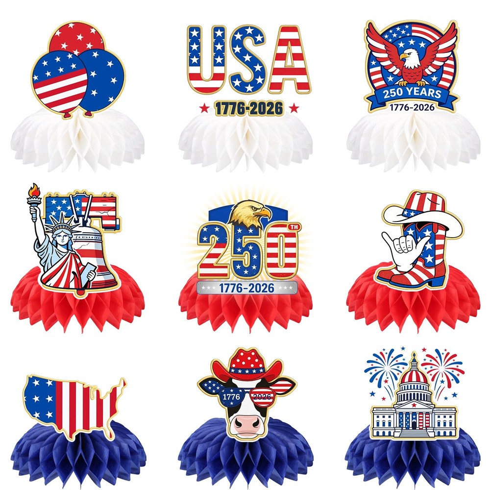 9Pcs 250 Anniversary USA Honeycomb Centerpiece, USA 250th Anniversary Decora…