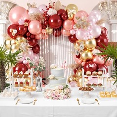 Burgundy Pink Balloon Arch, Double Stuffed Ruby Red Pearl Pink Gold Balloon G…