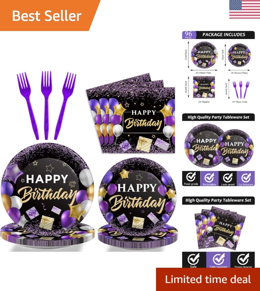 Luxurious Purple and Black Birthday Party Supplies Set for 24 Guests