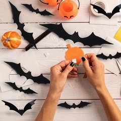 FEILIBAY 60 Pieces Halloween Bats Decoration, 4 Size 3D Multi Size, Black
