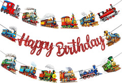 Retro Train Birthday Party Decorations Vintage Train Theme Banners Red Glitter H