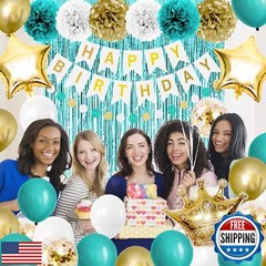 Iysoll Teal Blue and Gold Birthday Party Decorations Happy Birthday Banner Tu