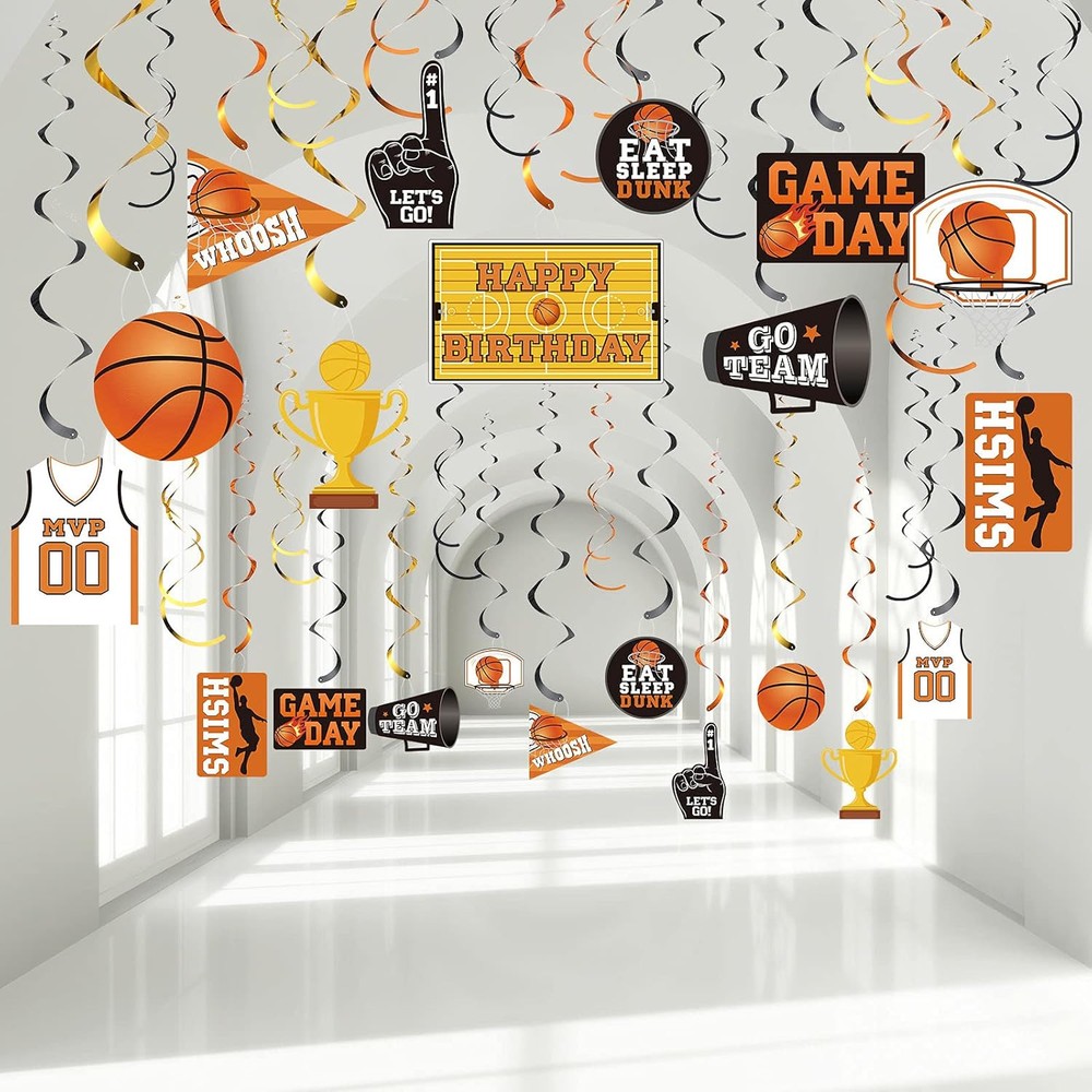 Sumind 30 Pieces Basketball Swirls Hanging Party Black, Orange, White