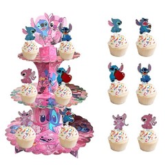 Stitch Cupcake Stand 3-Tier Pink with 24 Stitch Cupcake Toppers – Hawaiian Al…