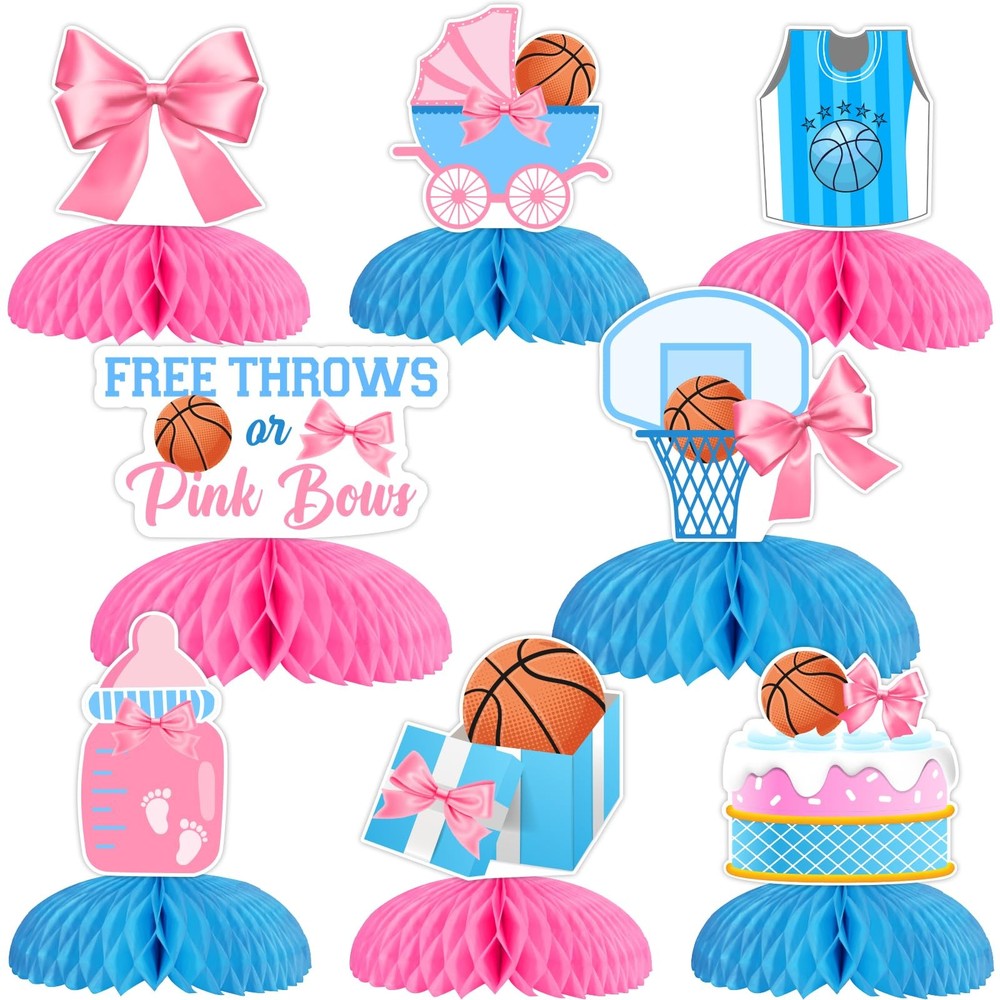 8 Pcs Gender Reveal Honeycomb Centerpieces «Free Throws or Pink Bows»