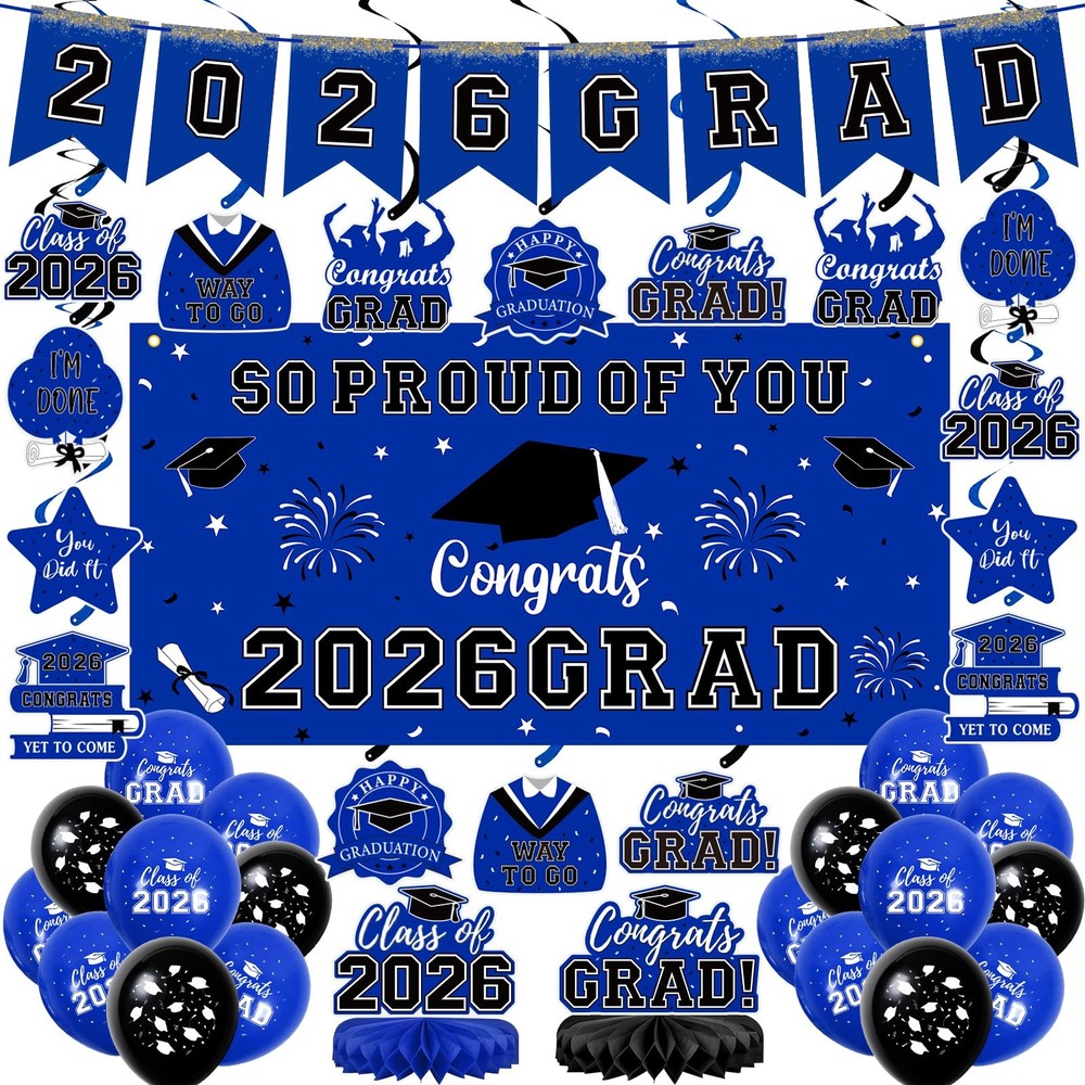 59Pcs Graduation Decorations 2026 Backdrop Balloons Banner Centerpiece Hangin…