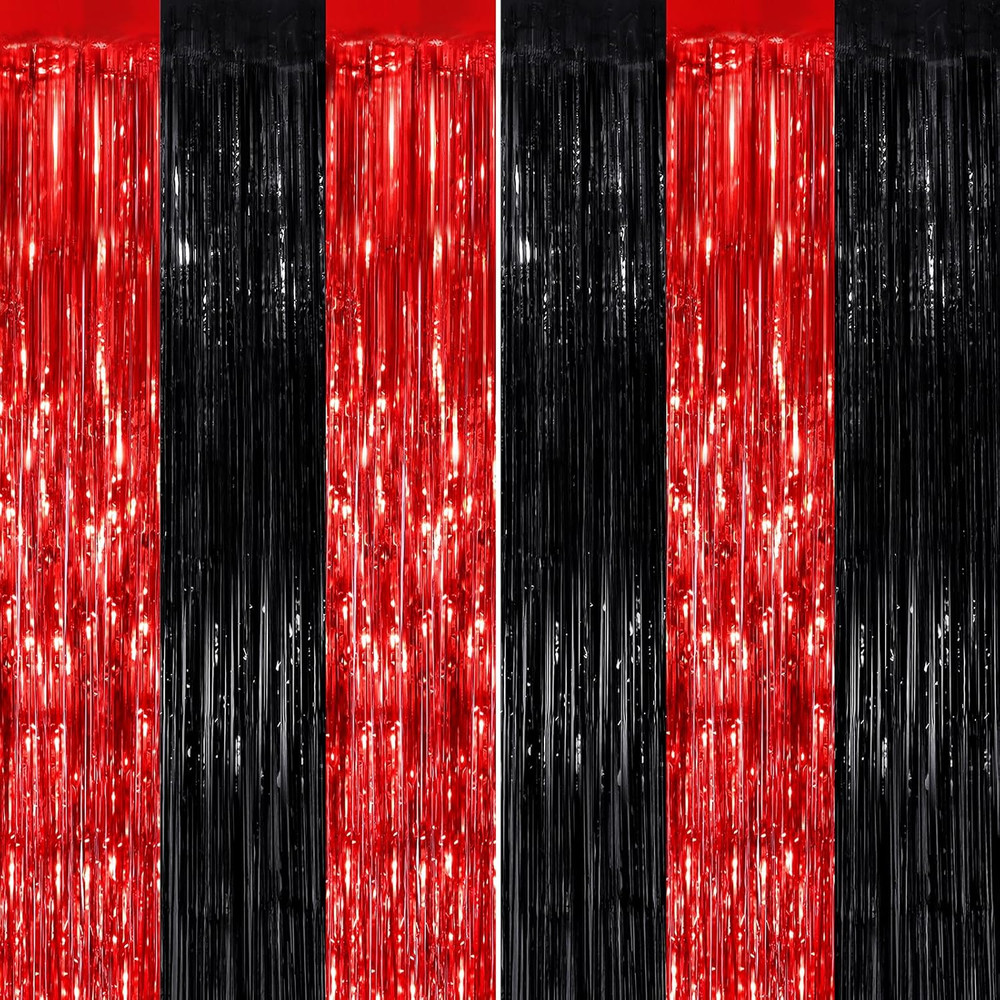 Black Red Fringe Curtain Party Streamers 2Pack 3.3 X 8.3 Ft Foil Fringe Backdrop