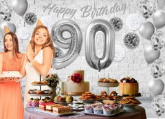Silver & White 90th Birthday Decorations – 40″ Number Balloons &More-Boy or Girl