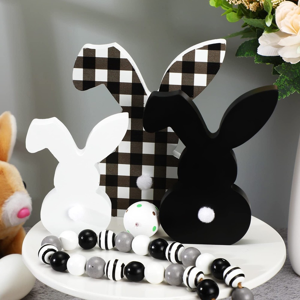 3 pcs Easter Bunny Table Wooden Signs Decor Spring Farmhouse Wood Bunnies Buffal