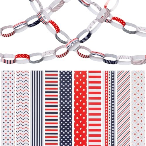 Patriotic Paper Chain Garland Strips – 300pcs 10 Designs Red White Blue Paper