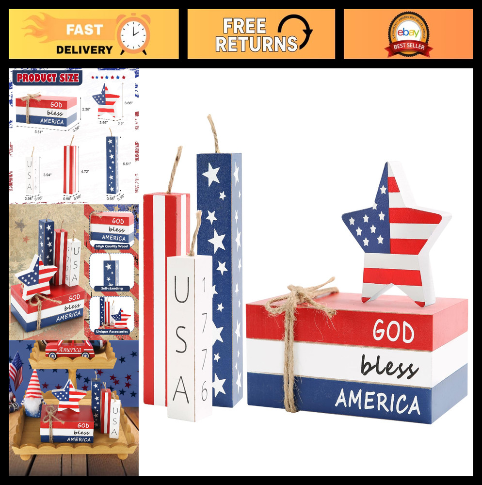 Patriotic 4th of July Decorations – 7 Pcs Table Centerpieces, Faux Book Stack, S