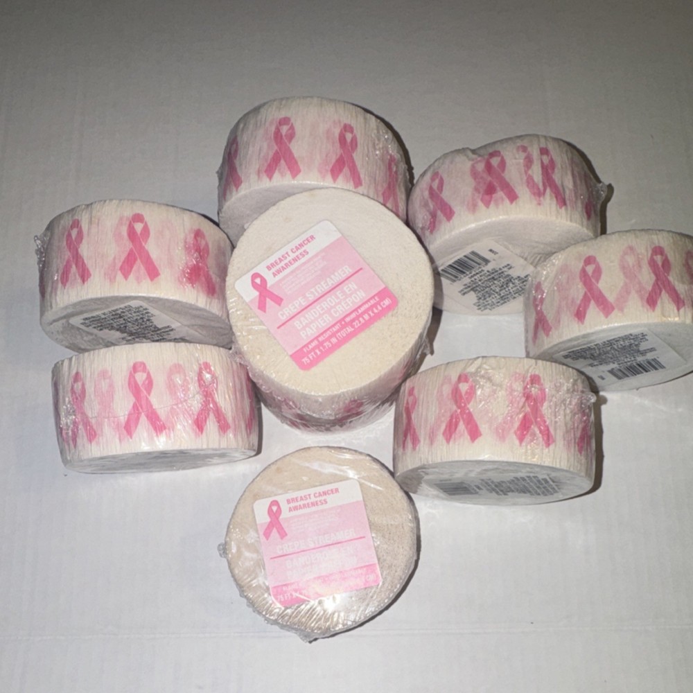Breast Cancer Awareness Ribbon Streamers Pink White Crepe Paper Decor 9 rolls