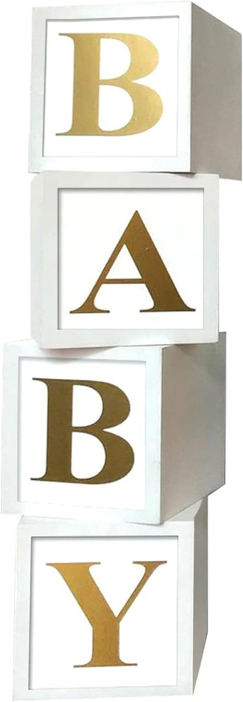 Baby Shower Boxes Party Decorations – 4Pcs Stereoscopic White Gold Boxes with Go