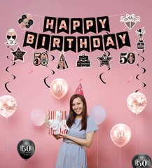 50th Birthday Decorations for Women, Pre-Strung Black Rose Gold Happy Birthda