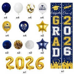 Navy Blue & Gold Graduation Decorations 2026 – Congrats Grad Backdrop, Banner, B