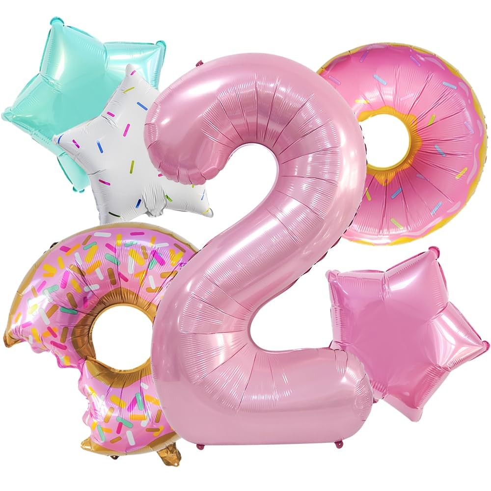 Two Sweet Birthday Decorations, Number 2 Balloons, 6 Pcs 40” Pink Donut Ballo…