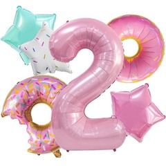 Two Sweet Birthday Decorations, Number 2 Balloons, 6 Pcs 40” Pink Donut Ballo…