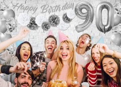 Silver & White 90th Birthday Decorations – 40″ Number Balloons &More-Boy or Girl