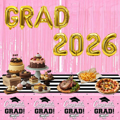 7-Pack Graduation Party Decorations Set, 3 Pink Graduation Tablecloths 54X108In,