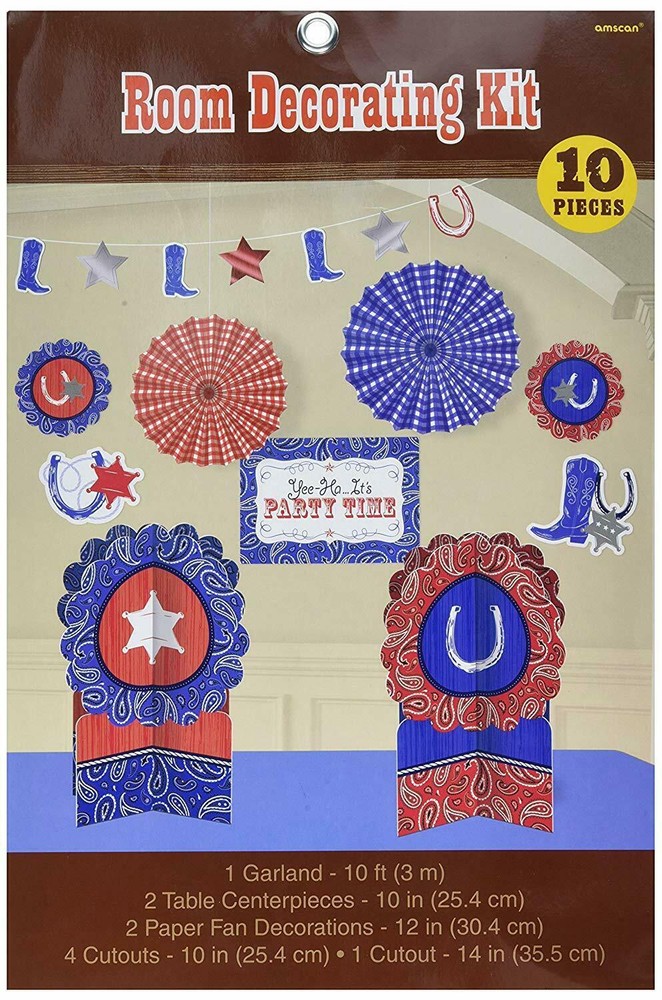 Western Party Room Decorating Kit 10 Pieces Cowboy Boot Birthday Farm Red/Blue