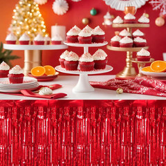 2 Packs Red Table Skirts Metallic Foil Fringe Table Skirt Streamer Backdrop for