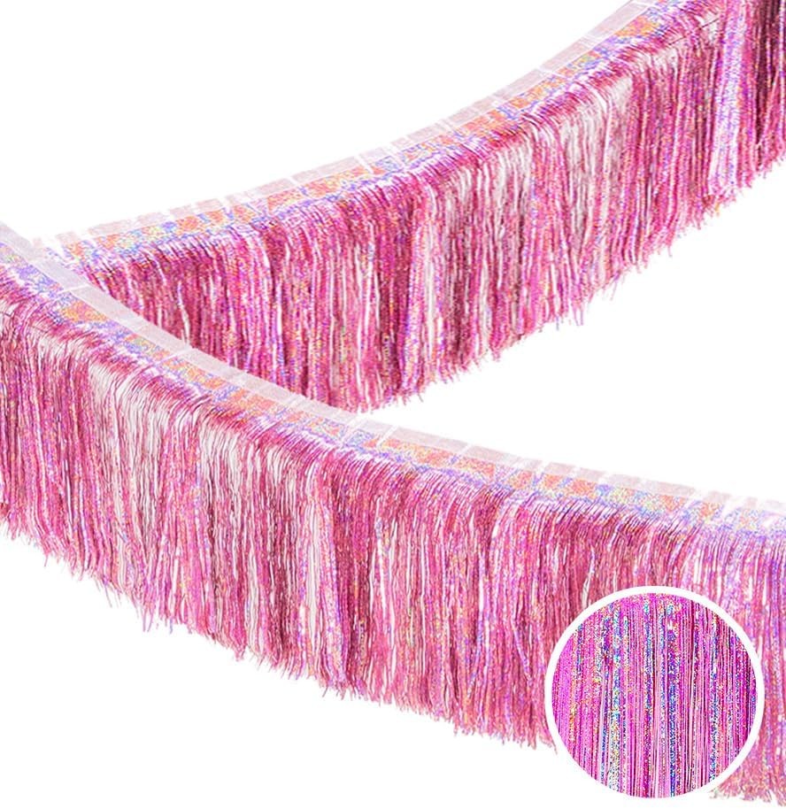 Glitter Pink Fringe Garland -4 Layers Thick, 2 Pack Metallic Tinsel Tassel