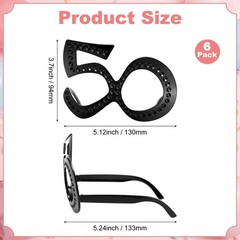 6-Pack Birthday Glasses with Rhinestones, 50th Photo Booth Props [Black]