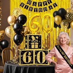 60th Birthday Decorations for Men Women, 50pcs Black and Gold Party Decoratio.