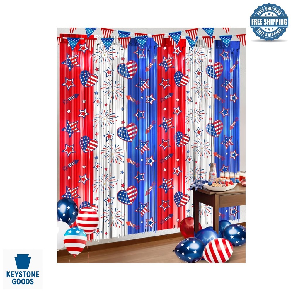 2-Pack Red, White & Blue Foil Fringe Curtains for 4th of July & Patriotic Cel…