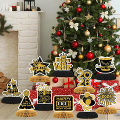 12PCS Happy New Year 2026 Honeycomb Centerpieces – Black Gold NYE Decor