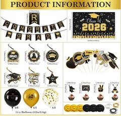 Black and Gold Graduation Decorations 2026 Kit 34 Pcs Party Supplies Class of 20