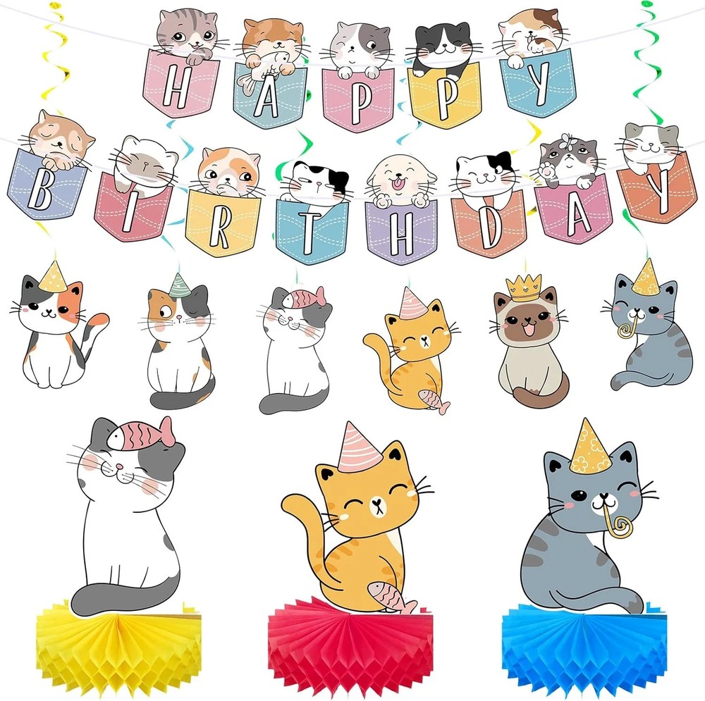 16 Pcs Cat Theme Birthday Party Decorations Party Supplies Kit, Includes Cat Par