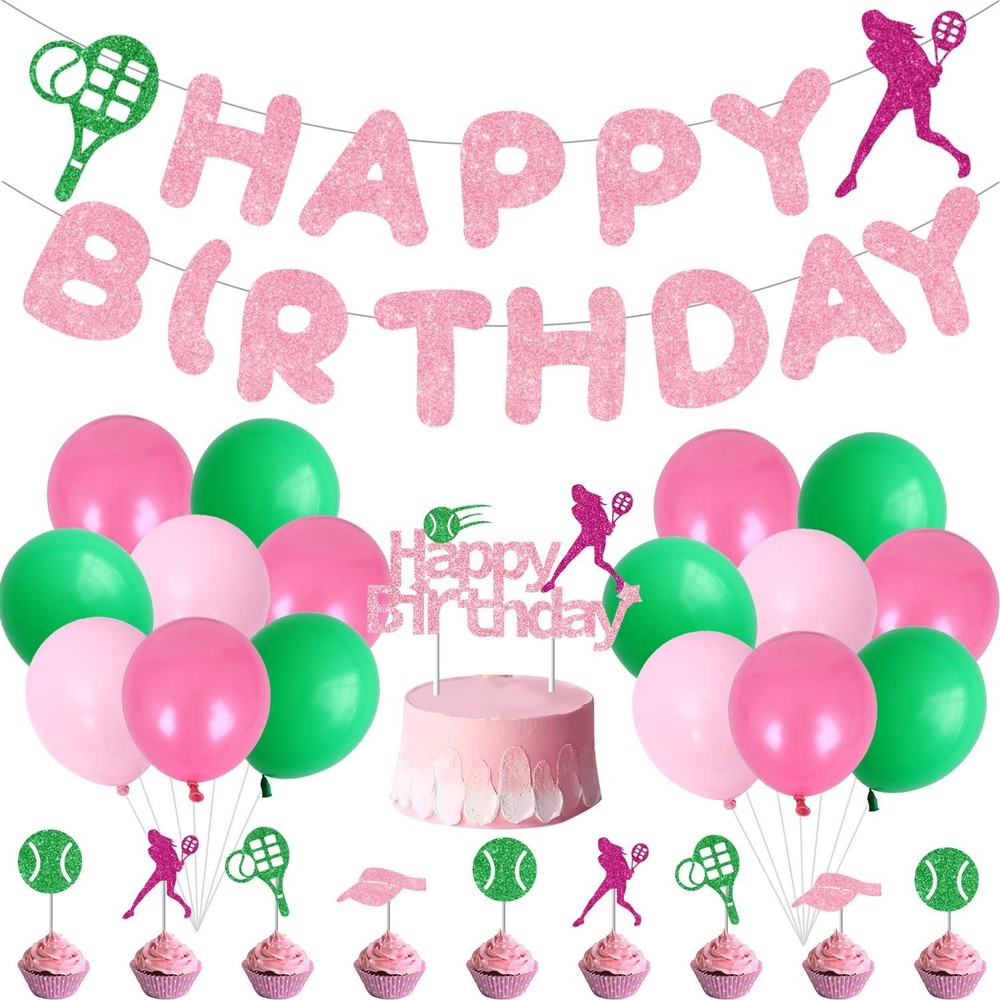 «Pink Green Tennis Party Decorations – Birthday Banner, Latex Balloons & Cake To