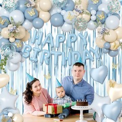 Blue Birthday Decorations, Dusty blue Sand White Confetti Foil Balloons Happy…