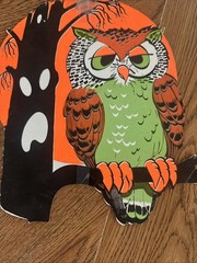 Wise Old Halloween Owl Sitting In A Tree Approx 1970s 11 X 9.5 Inches