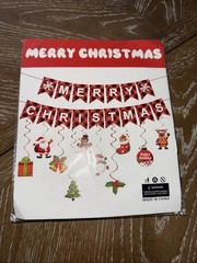 Merry Christmas Banner with Pre-Strung Red Green Hanging Swirls Party Decor