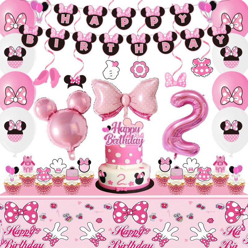 Minnie Mouse 2nd Birthday Party Decorations Cake Topper Balloons Tablecloth Set