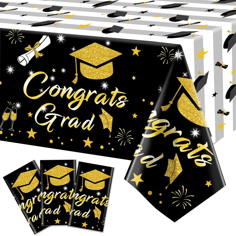 Graduation Tablecloth Party Decorations 2026, 3 Pack Thick Black and Gold 54″x10