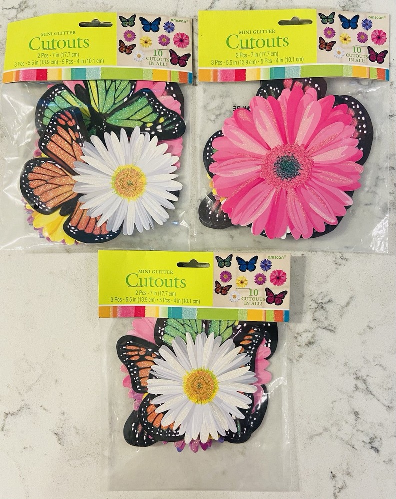 3 PACKS OF Amscan Sparkling 10 Mini Glittered Butterflies Cutouts Multisizes