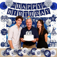 60Th Birthday Decorations for Men Women, Blue Silver Happy 60Th Birthday Banner
