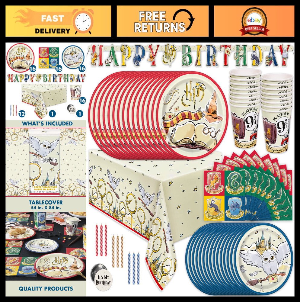 Harry Potter Party Decorations Set for 16 | Table Cover, Banner, Plates, Cups &