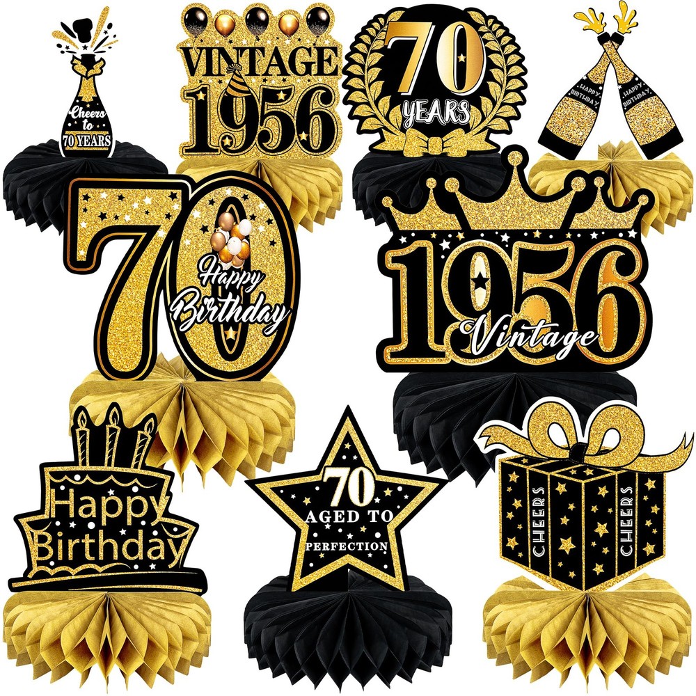 70th Birthday Decorations Set 9PCS Table Centerpieces Black Gold