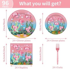 96pcs Axolotl Party Supplies Paper Tableware Set for 24 Guests Pink Theme