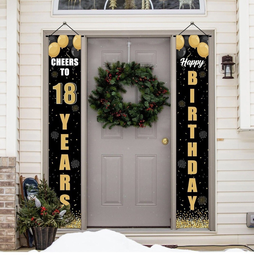 Happy 18th Birthday Celebration Black & Gold Door Sign Banner Cheers to Eighteen